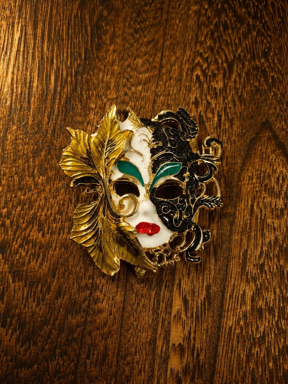 Gold and Black Venetian-Style Mask Brooch with Teal and Red Accents
